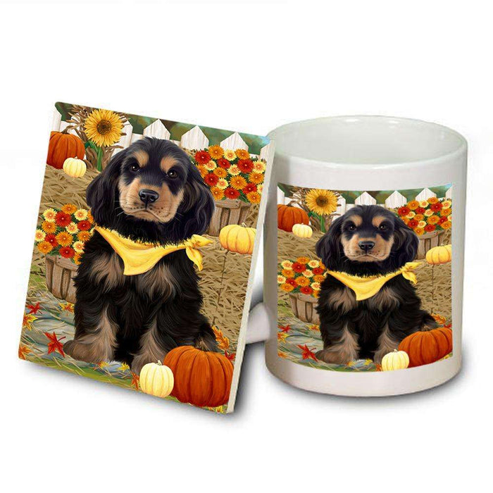Fall Autumn Greeting Cocker Spaniel Dog with Pumpkins Mug and Coaster Set MUC52314