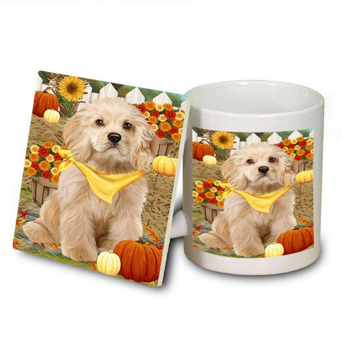 Fall Autumn Greeting Cocker Spaniel Dog with Pumpkins Mug and Coaster Set MUC52316