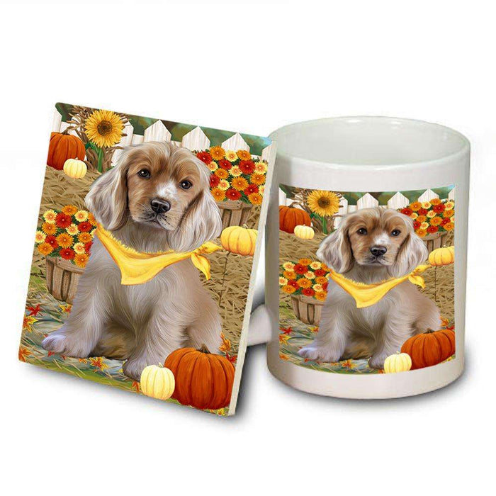 Fall Autumn Greeting Cocker Spaniel Dog with Pumpkins Mug and Coaster Set MUC52317