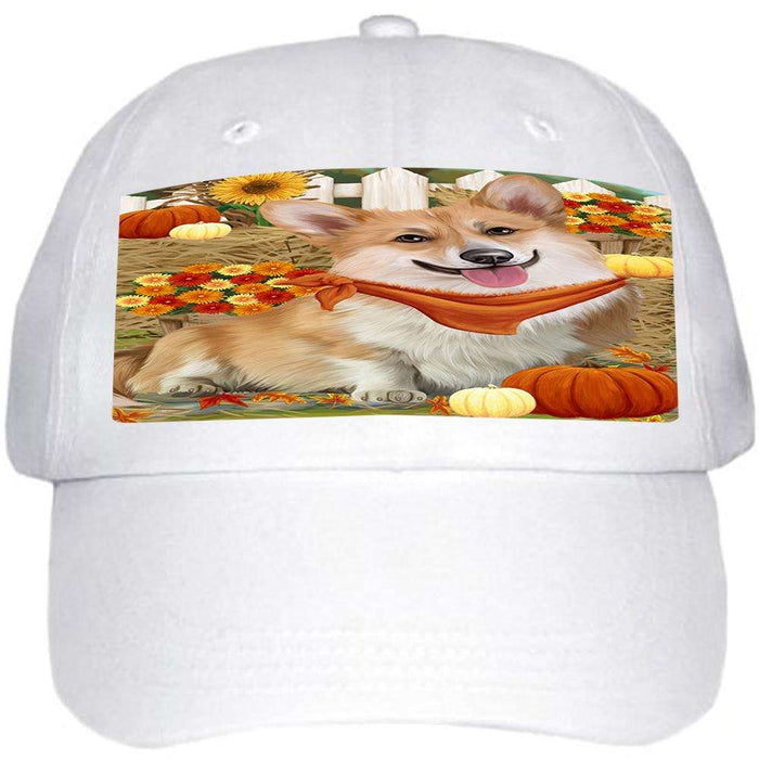 Fall Autumn Greeting Corgi Dog with Pumpkins Ball Hat Cap HAT55944
