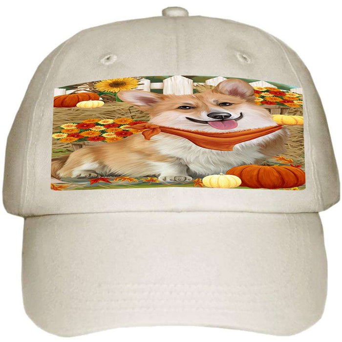 Fall Autumn Greeting Corgi Dog with Pumpkins Ball Hat Cap HAT55944
