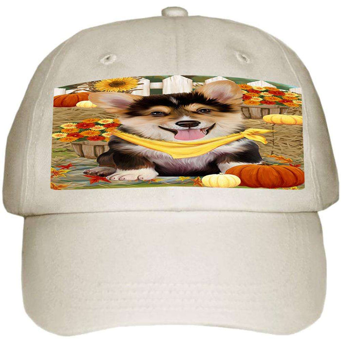 Fall Autumn Greeting Corgi Dog with Pumpkins Ball Hat Cap HAT55947