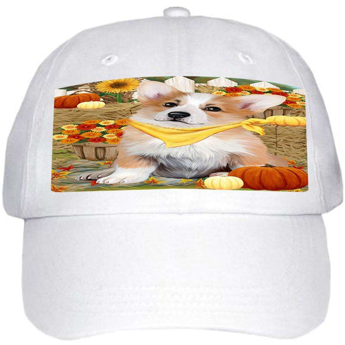 Fall Autumn Greeting Corgi Dog with Pumpkins Ball Hat Cap HAT55953