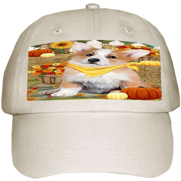 Fall Autumn Greeting Corgi Dog with Pumpkins Ball Hat Cap HAT55953