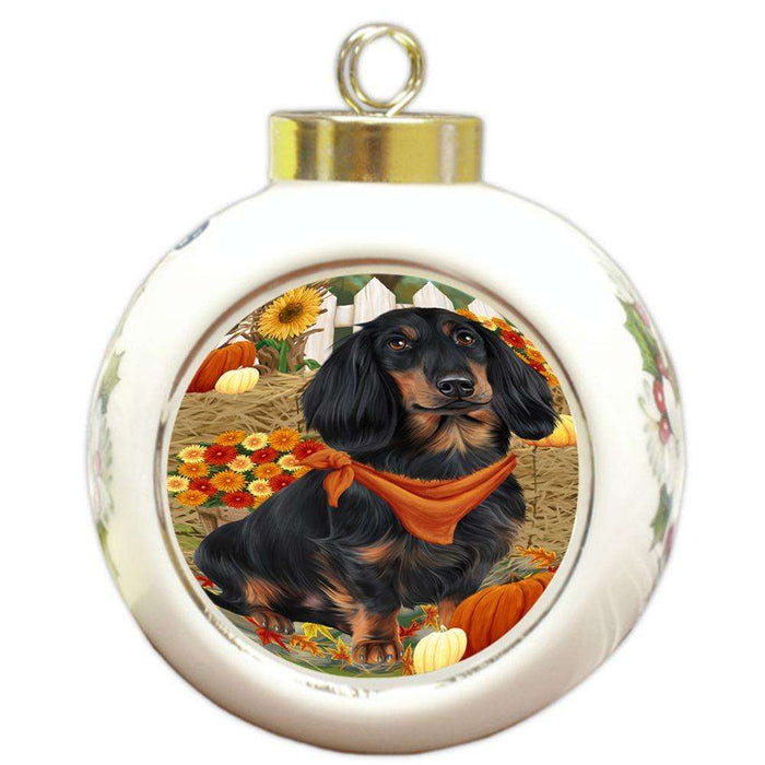 Fall Autumn Greeting Dachshund Dog with Pumpkins Round Ball Christmas Ornament RBPOR50730