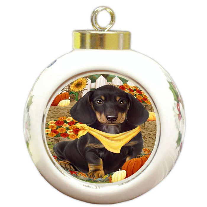 Fall Autumn Greeting Dachshund Dog with Pumpkins Round Ball Christmas Ornament RBPOR50731