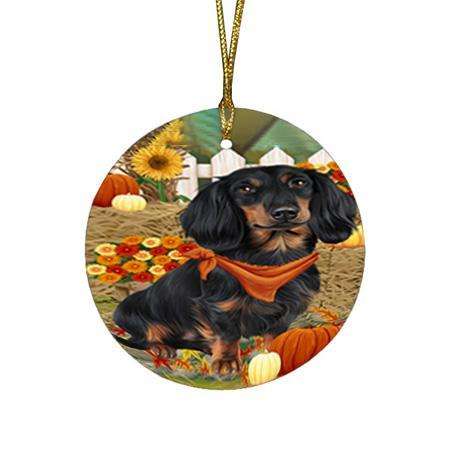 Fall Autumn Greeting Dachshund Dog with Pumpkins Round Flat Christmas Ornament RFPOR50721