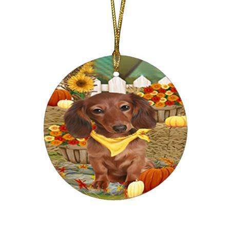 Fall Autumn Greeting Dachshund Dog with Pumpkins Round Flat Christmas Ornament RFPOR50723