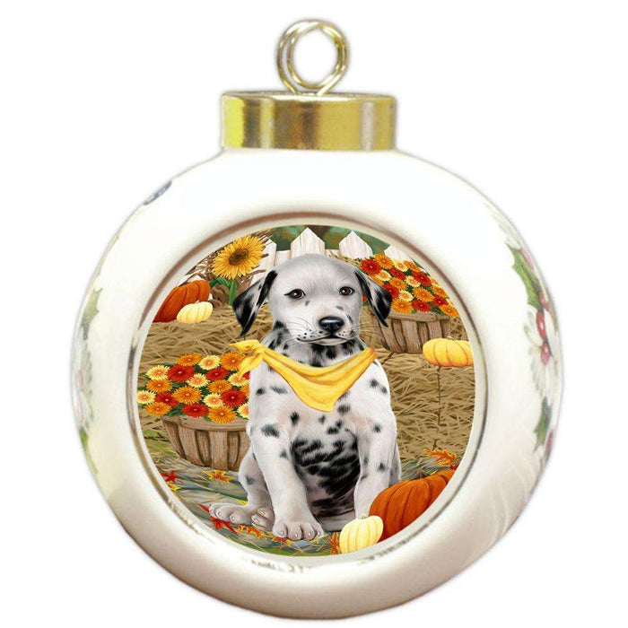 Fall Autumn Greeting Dalmatian Dog with Pumpkins Round Ball Christmas Ornament RBPOR50734