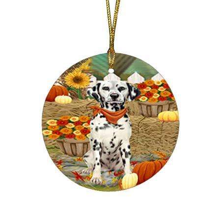 Fall Autumn Greeting Dalmatian Dog with Pumpkins Round Flat Christmas Ornament RFPOR50724