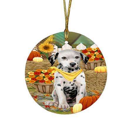 Fall Autumn Greeting Dalmatian Dog with Pumpkins Round Flat Christmas Ornament RFPOR50725