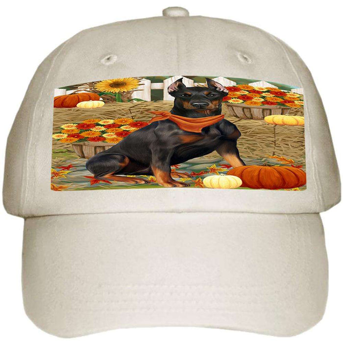 Fall Autumn Greeting Doberman Pinscher Dog with Pumpkins Ball Hat Cap HAT55974
