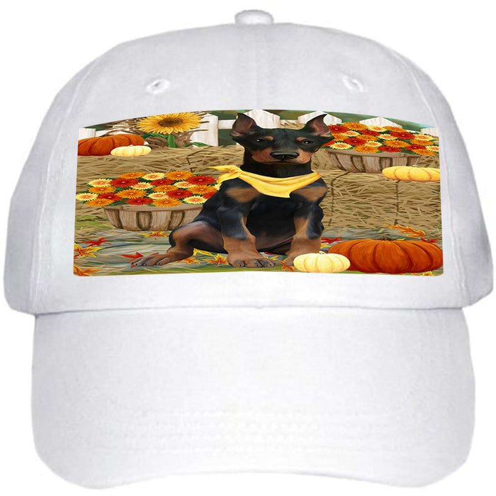 Fall Autumn Greeting Doberman Pinscher Dog with Pumpkins Ball Hat Cap HAT55977