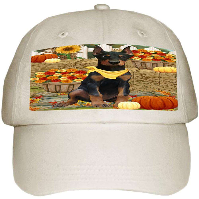 Fall Autumn Greeting Doberman Pinscher Dog with Pumpkins Ball Hat Cap HAT55977