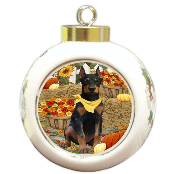 Fall Autumn Greeting Doberman Pinscher Dog with Pumpkins Round Ball Christmas Ornament RBPOR50736