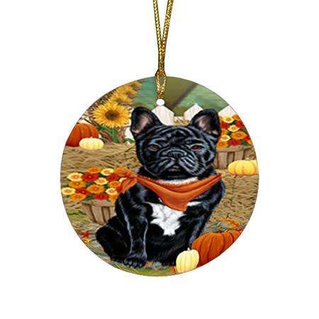 Fall Autumn Greeting French Bulldog with Pumpkins Round Flat Christmas Ornament RFPOR50728