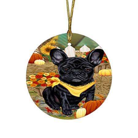 Fall Autumn Greeting French Bulldog with Pumpkins Round Flat Christmas Ornament RFPOR50730