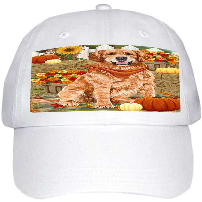 Fall Autumn Greeting Golden Retriever Dog with Pumpkins Ball Hat Cap HAT55998