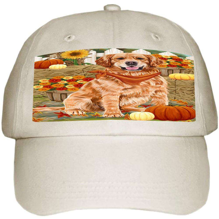 Fall Autumn Greeting Golden Retriever Dog with Pumpkins Ball Hat Cap HAT55998