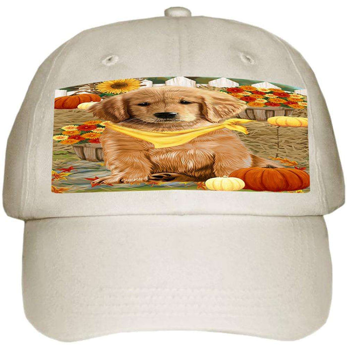 Fall Autumn Greeting Golden Retriever Dog with Pumpkins Ball Hat Cap HAT56001