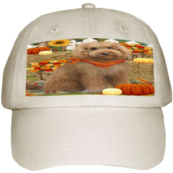 Fall Autumn Greeting Goldendoodle Dog with Pumpkins Ball Hat Cap HAT60711