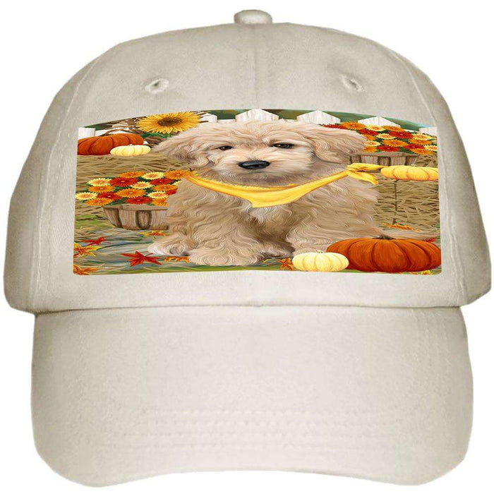 Fall Autumn Greeting Goldendoodle Dog with Pumpkins Ball Hat Cap HAT60714