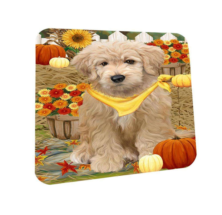 Fall Autumn Greeting Goldendoodle Dog with Pumpkins Coasters Set of 4 CST52286