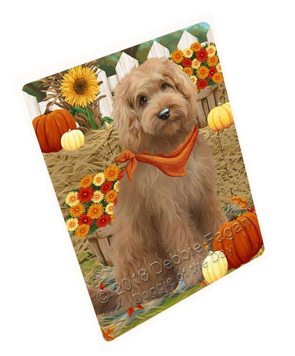 Fall Autumn Greeting Goldendoodle Dog with Pumpkins Cutting Board C61071