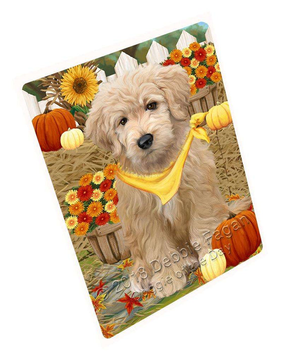 Fall Autumn Greeting Goldendoodle Dog with Pumpkins Cutting Board C61074