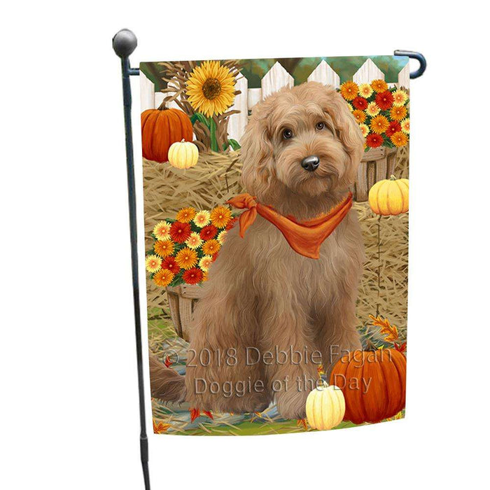 Fall Autumn Greeting Goldendoodle Dog with Pumpkins Garden Flag GFLG52271