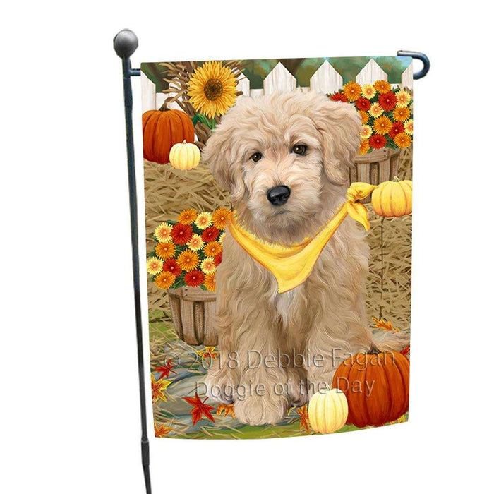 Fall Autumn Greeting Goldendoodle Dog with Pumpkins Garden Flag GFLG52272