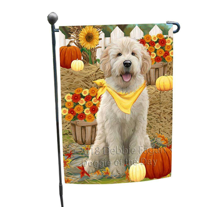 Fall Autumn Greeting Goldendoodle Dog with Pumpkins Garden Flag GFLG52273