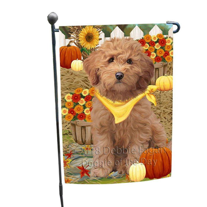 Fall Autumn Greeting Goldendoodle Dog with Pumpkins Garden Flag GFLG52274