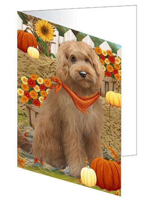 Fall Autumn Greeting Goldendoodle Dog with Pumpkins Handmade Artwork Assorted Pets Greeting Cards and Note Cards with Envelopes for All Occasions and Holiday Seasons GCD61007