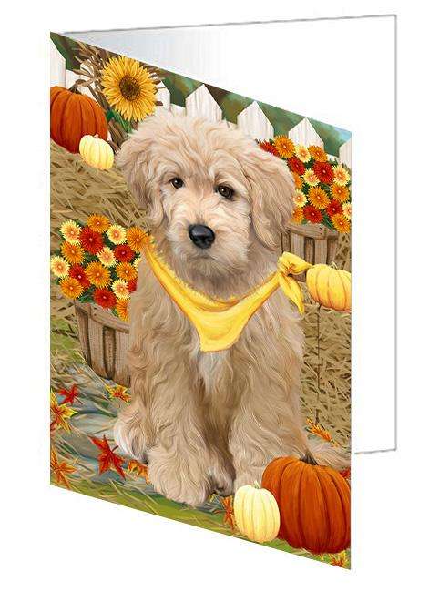 Fall Autumn Greeting Goldendoodle Dog with Pumpkins Handmade Artwork Assorted Pets Greeting Cards and Note Cards with Envelopes for All Occasions and Holiday Seasons GCD61010