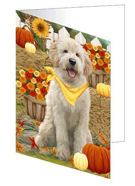 Fall Autumn Greeting Goldendoodle Dog with Pumpkins Handmade Artwork Assorted Pets Greeting Cards and Note Cards with Envelopes for All Occasions and Holiday Seasons GCD61013