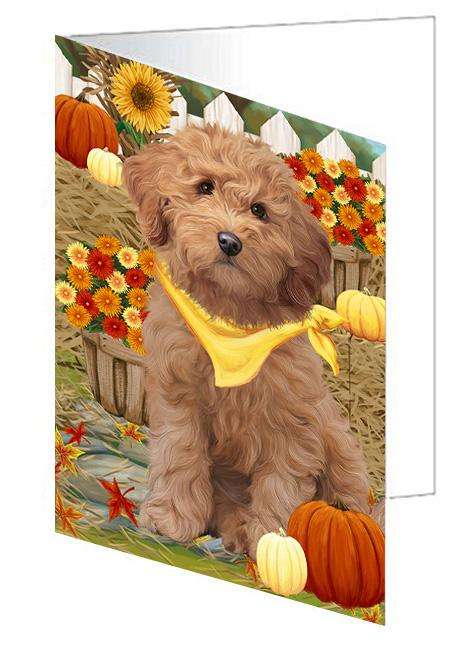 Fall Autumn Greeting Goldendoodle Dog with Pumpkins Handmade Artwork Assorted Pets Greeting Cards and Note Cards with Envelopes for All Occasions and Holiday Seasons GCD61016