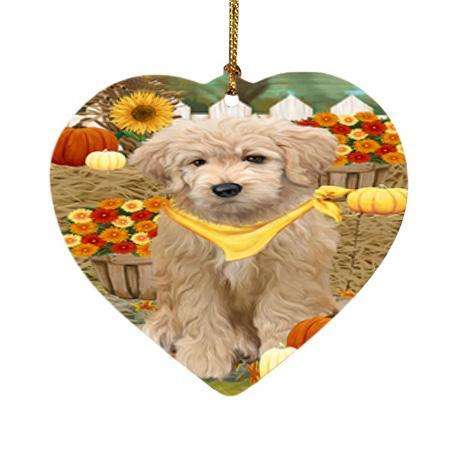 Fall Autumn Greeting Goldendoodle Dog with Pumpkins Heart Christmas Ornament HPOR52327