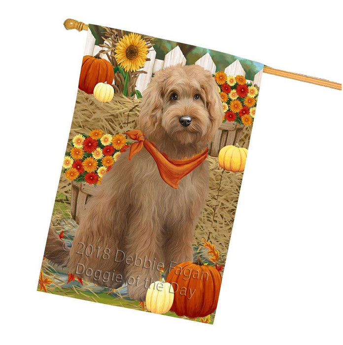 Fall Autumn Greeting Goldendoodle Dog with Pumpkins House Flag FLG52407