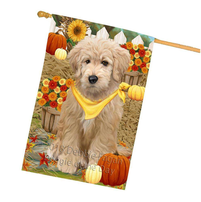 Fall Autumn Greeting Goldendoodle Dog with Pumpkins House Flag FLG52408