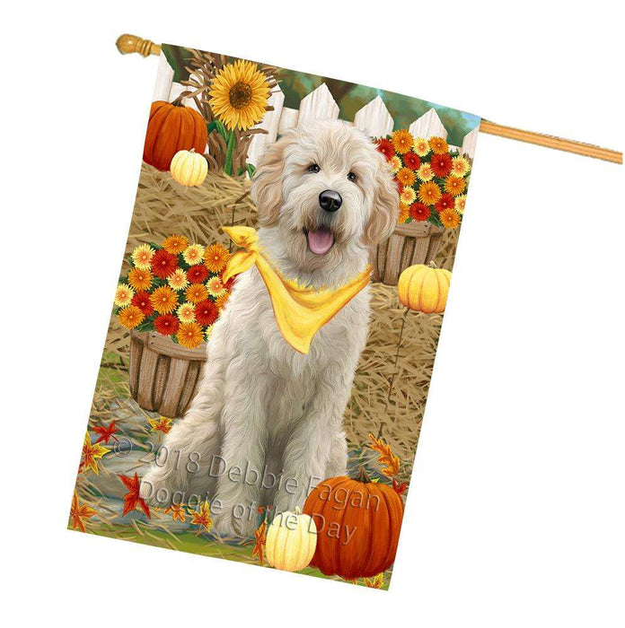 Fall Autumn Greeting Goldendoodle Dog with Pumpkins House Flag FLG52409