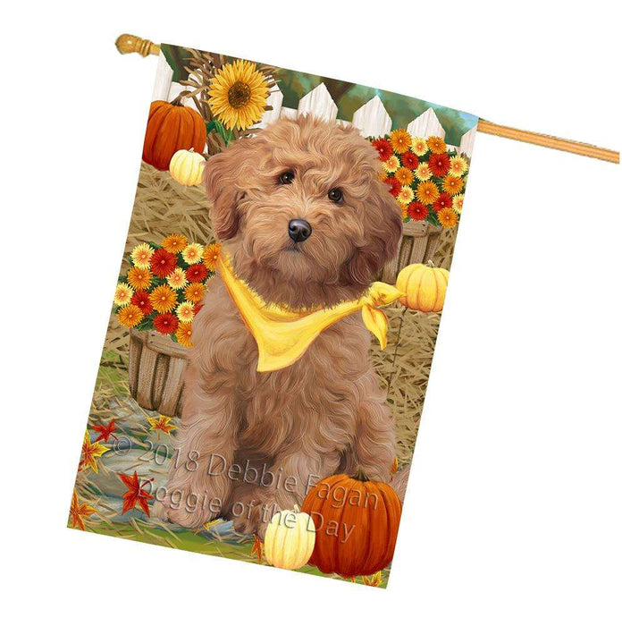 Fall Autumn Greeting Goldendoodle Dog with Pumpkins House Flag FLG52410
