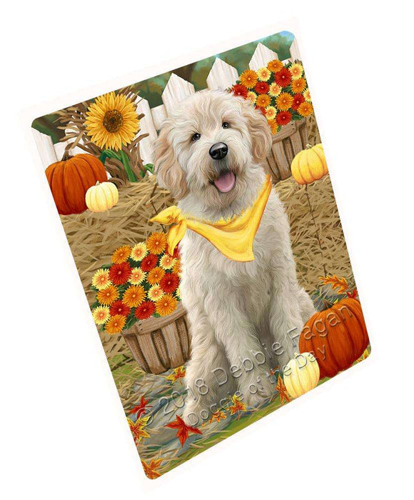 Fall Autumn Greeting Goldendoodle Dog with Pumpkins Large Refrigerator / Dishwasher Magnet RMAG74154