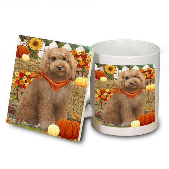 Fall Autumn Greeting Goldendoodle Dog with Pumpkins Mug and Coaster Set MUC52318