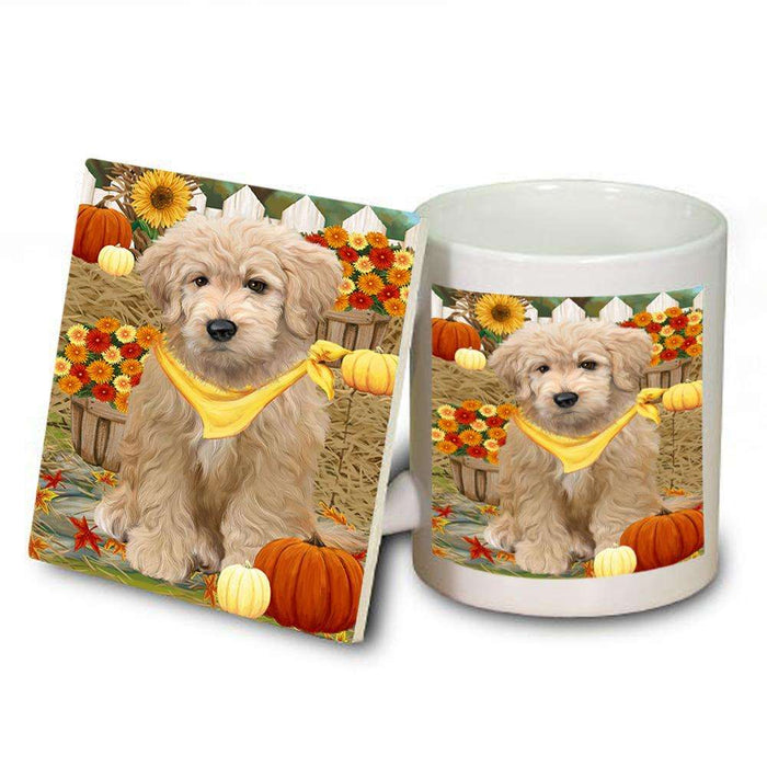 Fall Autumn Greeting Goldendoodle Dog with Pumpkins Mug and Coaster Set MUC52319