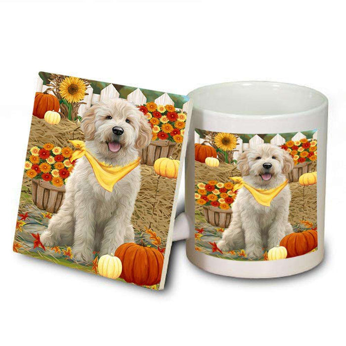 Fall Autumn Greeting Goldendoodle Dog with Pumpkins Mug and Coaster Set MUC52320