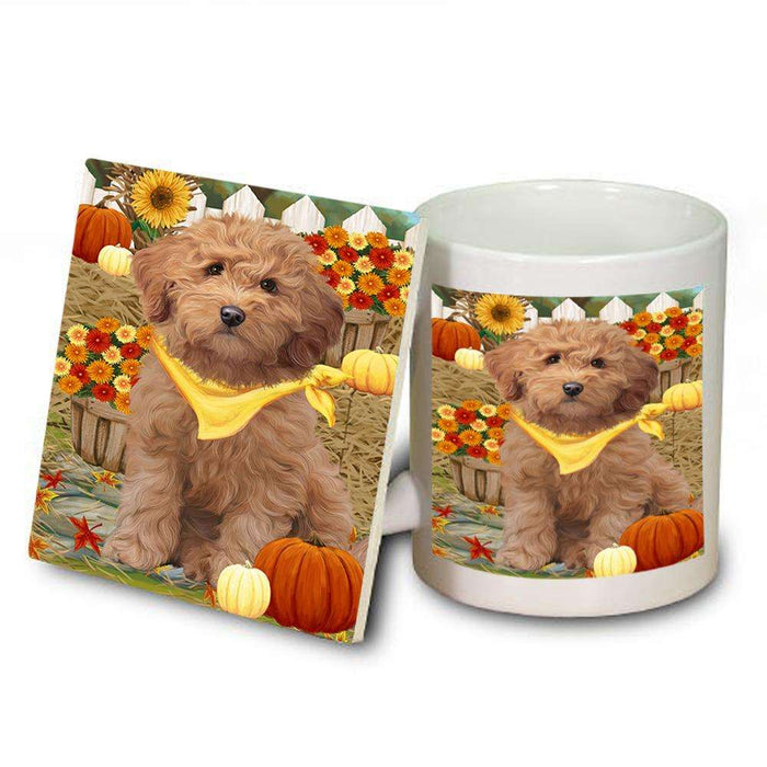Fall Autumn Greeting Goldendoodle Dog with Pumpkins Mug and Coaster Set MUC52321