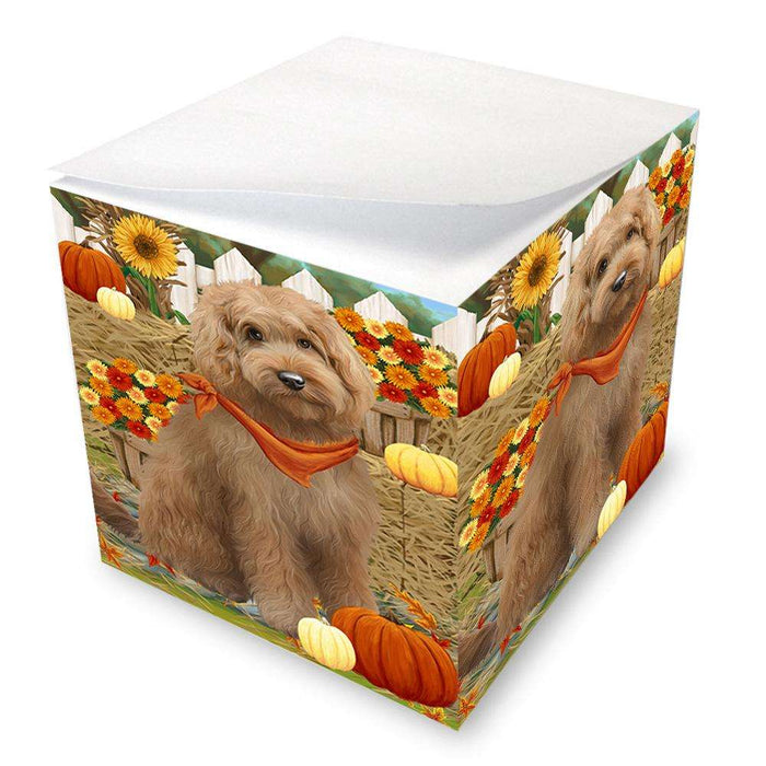 Fall Autumn Greeting Goldendoodle Dog with Pumpkins Note Cube NOC52326