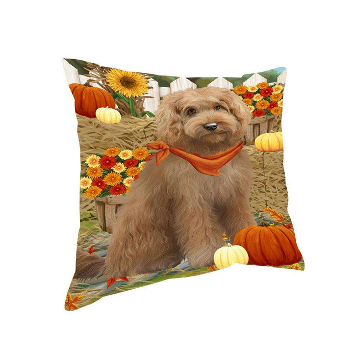 Fall Autumn Greeting Goldendoodle Dog with Pumpkins Pillow PIL65460