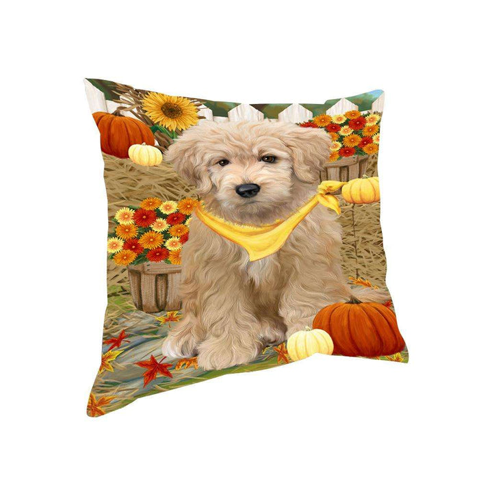Fall Autumn Greeting Goldendoodle Dog with Pumpkins Pillow PIL65464